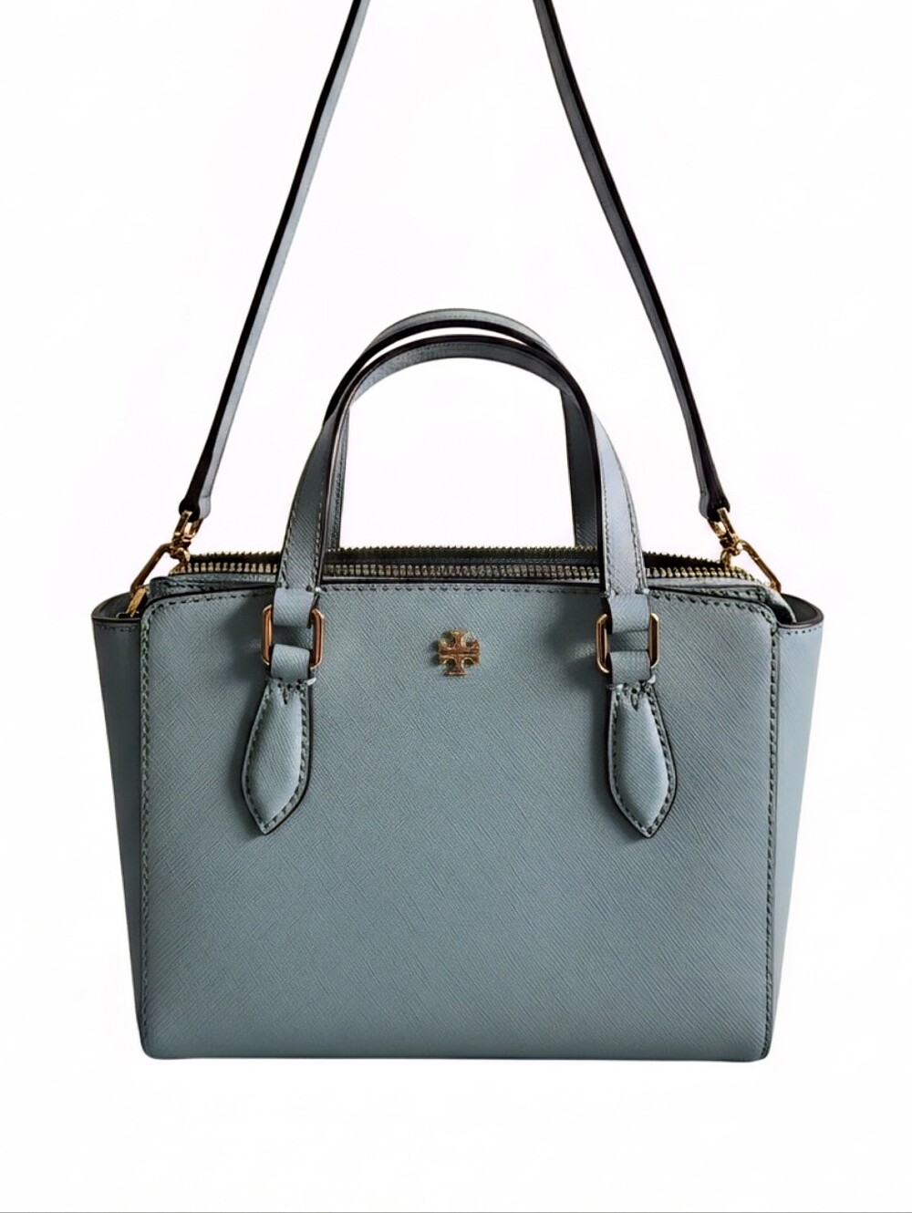 Tory Burch Light Blue Mini Saffiano Satchel with Gold Hardware